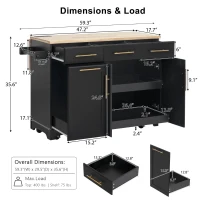 Vintage Kitchen Island with Trash Storage and Organizers, Versatile Rolling Cart with Power Outlet and Spice Rack, 59'' L x 29.5" W x 35.5" H, Black(m-3)