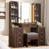 Elegant Fluted Dressing Vanity Desk with 3-Colour LED Mirror, Modern Makeup Table Unit with 10 Drawers, 43.5'' L x 15.5'' W x 54.5'' H, Brown(m-1)