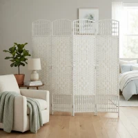 HOMCOM 4 Panel Folding Room Divider Portable Privacy Screen Wave Fiber Room Partition for Home Office White(m-10)