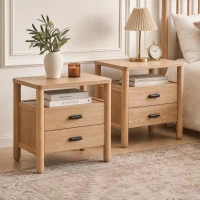Modern Nightstands with Open Shelf and 2 Drawers, Wooden Bedside Storage Table Unit with Rounded Corners, 23.5'' L x 15.5'' W x 24'' H, Light Natural(m-1)