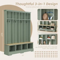 Farmhouse Hall Tree Coat Rack with 8 Retro Hooks, Shoe Bench Unit with 8 Storage Compartments, 59'' L x 15.5'' W x 76.5'' H, Mint Green(m-6)