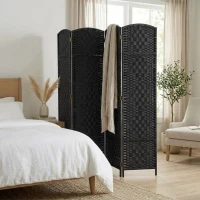 HOMCOM Room Divider 4 Panel, 6FT Tall Folding Privacy Screen, Freestanding Hand-Woven Partition for Room Separation with 360° Hinges, Paper Rope Diamond Weave, Black(m-10)