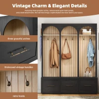 Farmhouse Hall Tree Coat Rack with 3 Arches and 8 Retro Hooks, Shoe Storage Bench Unit with 3 Drawers, 59'' L x 15.5'' W x 75'' H, Black(m-4)
