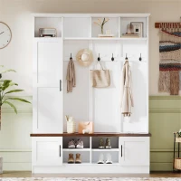 Rustic Farmhouse Hall Tree Coat Rack with Shoe Storage Bench, Heavy-Duty Storage Cabinet Unit with 6 Metal Hooks, 55'' L x 15.5'' W x 73'' H, White(m-8)