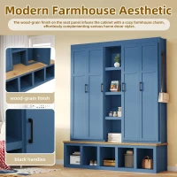 Rustic 4-in-1 Hall Tree Coat Rack with 4 Cabinets and 6 Sturdy Hooks, Shoe Storage Bench Unit for Mudroom, 63'' L x 15.5'' W x 76.5'' H, Blue(m-4)