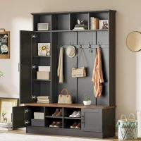 Rustic Farmhouse Hall Tree Coat Rack with Shoe Storage Bench, Heavy-Duty Storage Cabinet Unit with 6 Metal Hooks, 55'' L x 15.5'' W x 73'' H, Black(m-1)