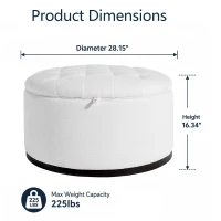 Elegant Round Storage Ottoman with Tufted Chenille and Removable Lid, Versatile Coffee Table for Living Room, 28'' L x 28" W x 16.5" H, White(m-3)