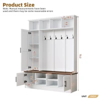 Rustic Farmhouse Hall Tree Coat Rack with Shoe Storage Bench, Heavy-Duty Storage Cabinet Unit with 6 Metal Hooks, 55'' L x 15.5'' W x 73'' H, White(m-3)