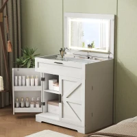 Versatile 3-in-1 Flip Top Makeup Vanity Cabinet with LED Lighted Mirror, Rustic Dressing Table for Bedroom, 26.5'' L x 19.5" W x 29.5" H, White(m-9)
