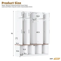 Rustic Farmhouse Hall Tree with 8 Storage Doors, Heavy-Duty Shoe Storage Bench Unit with 4 Bottom Compartments, 59'' L x 15.5'' W x 75'' H, White(m-3)
