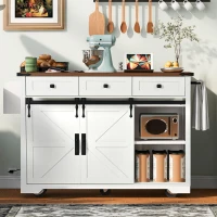 Farmhouse Kitchen Island with Power Outlet, Drop Leaf and Sliding Barn Doors, Versatile Rolling Cart for Kitchen, 53.5'' L x 18.5" W x 37" H, White(m-9)