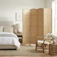 HOMCOM Folding Room Divider Screen 4 Panel 5.6 ' Tall Privacy Screen Freestanding Room Partition for Home Office, Nature Wood(m-8)