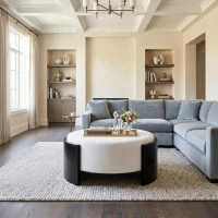 Chic Round Ottoman with Curved Wood-Grain and High-Density Foam, Versatile Coffee Table for Living Room, 32'' L x 32" W x 17.5" H, White+Black(m-4)
