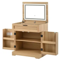 Versatile 3-in-1 Flip Top Makeup Vanity Cabinet with LED Lighted Mirror, Rustic Dressing Table for Bedroom, 26.5'' L x 19.5" W x 29.5" H, Natural(m-14)