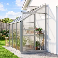 Outsunny 6' x 4' Aluminum Lean-to Greenhouse Polycarbonate Walk-in Garden Greenhouse with Adjustable Roof Vent, Rain Gutter and Sliding Door for Winter, Clear(m-10)