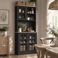HOMCOM 72" Kitchen Pantry Storage Cabinet with Hutch, Large Countertop, Glass Doors and Adjustable Shelves, Black(m-10)