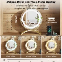 Farmhouse Makeup Vanity with LED Mirror and Power Outlet, Chic Dressing Desk with Jewelry Organizer, 54.5'' L x 15.5" W x 70" H, Natural+White(m-6)