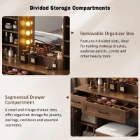 Farmhouse Makeup Vanity with Lighted Mirror and Power Outlet, Chic Dressing Table with Drawers and Stool, 47'' L x 15.5" W x 61.5" H, Walnut(m-4)