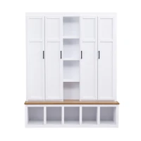 Rustic 4-in-1 Hall Tree Coat Rack with 4 Cabinets and 6 Sturdy Hooks, Shoe Storage Bench Unit for Mudroom, 63'' L x 15.5'' W x 76.5'' H, White(m-2)