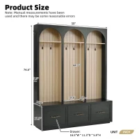 Farmhouse Hall Tree Coat Rack with 3 Arches and 8 Retro Hooks, Shoe Storage Bench Unit with 3 Drawers, 59'' L x 15.5'' W x 75'' H, Black(m-3)