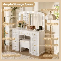 Luxurious Dressing Vanity Desk with 10 Hollywood Bulbs, Modern Makeup Table Set with 9 Storage Drawers, 44'' L x 15.5'' W x 53.5'' H, White(m-4)