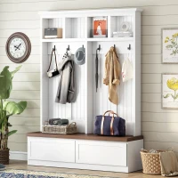 Rustic Farmhouse 4-in-1 Hall Tree Coat Rack with 2 Large Drawers, Shoe Storage Bench Unit with 6 Hooks, 53'' L x 15'' W x 75.5'' H, White(m-1)