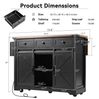Farmhouse Kitchen Island with Power Outlet, Drop Leaf and Sliding Barn Doors, Versatile Rolling Cart for Kitchen, 53.5'' L x 18.5" W x 37" H, Black(m-3)
