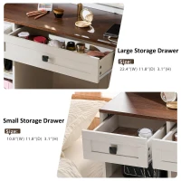 Farmhouse Makeup Vanity with LED Mirror and Outlet, Chic Dressing Table with Drawers and Stool, 37.5'' L x 15.5" W x 56" H, White+Walnut(m-8)