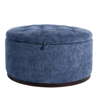 Elegant Round Storage Ottoman with Tufted Chenille and Removable Lid, Versatile Coffee Table for Living Room, 28'' L x 28" W x 16.5" H, Blue(m-11)