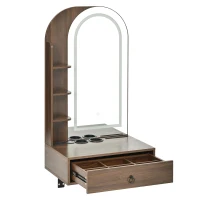 Modern Floating Makeup Vanity with Arched Mirror, Outlet and 3-Color Lights, Versatile Wall Vanity for Bedrooms, 23'' L x 15.5" W x 48" H, Walnut(m-12)