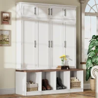Rustic Farmhouse Hall Tree with 8 Storage Doors, Heavy-Duty Shoe Storage Bench Unit with 4 Bottom Compartments, 59'' L x 15.5'' W x 75'' H, White(m-1)