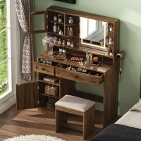 Farmhouse Makeup Vanity with LED Mirror and Outlet, Chic Dressing Table with Drawers and Padded Stool, 37.5'' L x 15.5" W x 56" H, Rustic Brown(m-1)