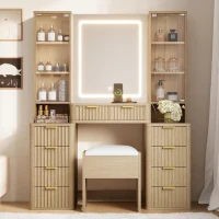 Elegant Fluted Dressing Vanity Desk with 3-Colour LED Mirror, Modern Makeup Table Unit with 10 Drawers, 43.5'' L x 15.5'' W x 54.5'' H, Oak(m-8)