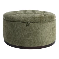 Elegant Round Storage Ottoman with Tufted Chenille and Removable Lid, Versatile Coffee Table for Living Room, 28'' L x 28" W x 16.5" H, Green(m-11)