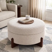 Chic Round Ottoman with Storage and Tufted Upholstery, Versatile Coffee Table for Living Room and Bedroom, 32'' L x 32" W x 17.5" H, Almond(m-1)