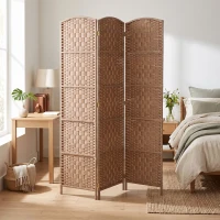 HOMCOM 6' Tall Wicker Weave 3 Panel Room Divider Wall Divider, Natural Wood(m-7)