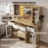 Farmhouse Makeup Vanity with Lighted Mirror and Outlet, Chic Dressing Table with Drawers and Stool, 47'' L x 15.5" W x 61.5" H, Natural+White(m-4)