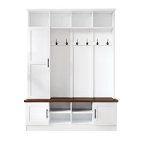 Rustic Farmhouse Hall Tree Coat Rack with Shoe Storage Bench, Heavy-Duty Storage Cabinet Unit with 6 Metal Hooks, 55'' L x 15.5'' W x 73'' H, White(m-2)