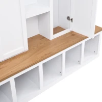Rustic 4-in-1 Hall Tree Coat Rack with 4 Cabinets and 6 Sturdy Hooks, Shoe Storage Bench Unit for Mudroom, 63'' L x 15.5'' W x 76.5'' H, White(m-11)