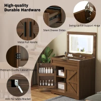 Versatile 3-in-1 Flip Top Makeup Vanity Cabinet with LED Lighted Mirror, Rustic Dressing Table for Bedroom, 26.5'' L x 19.5" W x 29.5" H, Walnut(m-5)