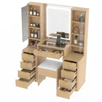 Elegant Fluted Dressing Vanity Desk with 3-Colour LED Mirror, Modern Makeup Table Unit with 10 Drawers, 43.5'' L x 15.5'' W x 54.5'' H, Oak(m-11)