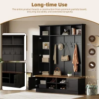 Rustic Farmhouse Hall Tree Coat Rack with Shoe Storage Bench, Heavy-Duty Storage Cabinet Unit with 6 Metal Hooks, 55'' L x 15.5'' W x 73'' H, Black(m-7)
