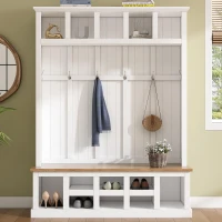 Farmhouse Hall Tree Coat Rack with 13 Compartments, Shoe Storage Bench Unit with Wide Storage Seating Bench, 59'' L x 18'' W x 79'' H, White(m-8)