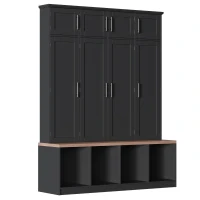 Rustic Farmhouse Hall Tree with 8 Storage Doors, Heavy-Duty Shoe Storage Bench Unit with 4 Bottom Compartments, 59'' L x 15.5'' W x 75'' H, Black(m-12)
