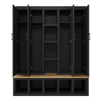 Rustic 4-in-1 Hall Tree Coat Rack with 4 Cabinets and 6 Sturdy Hooks, Shoe Storage Bench Unit for Mudroom, 63'' L x 15.5'' W x 76.5'' H, Black(m-14)