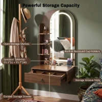 Modern Floating Makeup Vanity with Arched Mirror, Outlet and 3-Color Lights, Versatile Wall Vanity for Bedrooms, 23'' L x 15.5" W x 48" H, Walnut(m-5)