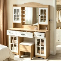 Farmhouse Makeup Vanity with Lighted Mirror and Outlet, Chic Dressing Table with Drawers and Stool, 47'' L x 15.5" W x 61.5" H, Natural+White(m-1)