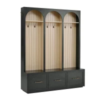 Farmhouse Hall Tree Coat Rack with 3 Arches and 8 Retro Hooks, Shoe Storage Bench Unit with 3 Drawers, 59'' L x 15.5'' W x 75'' H, Black(m-15)