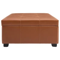 Retro-Chic Square Ottoman with Storage and Faux Leather, Versatile Coffee Table for Living Room and Bedroom, 34'' L x 34" W x 18.5" H, Caramel(m-10)