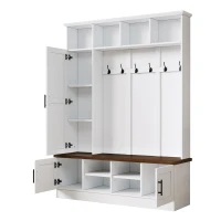 Rustic Farmhouse Hall Tree Coat Rack with Shoe Storage Bench, Heavy-Duty Storage Cabinet Unit with 6 Metal Hooks, 55'' L x 15.5'' W x 73'' H, White(m-15)